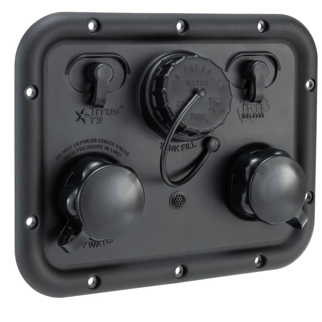 Titus T3 RV Multifunction City Water Fill Panel with Gravity Fill, Flush, and Dual Coax  6 3/4" x 5"