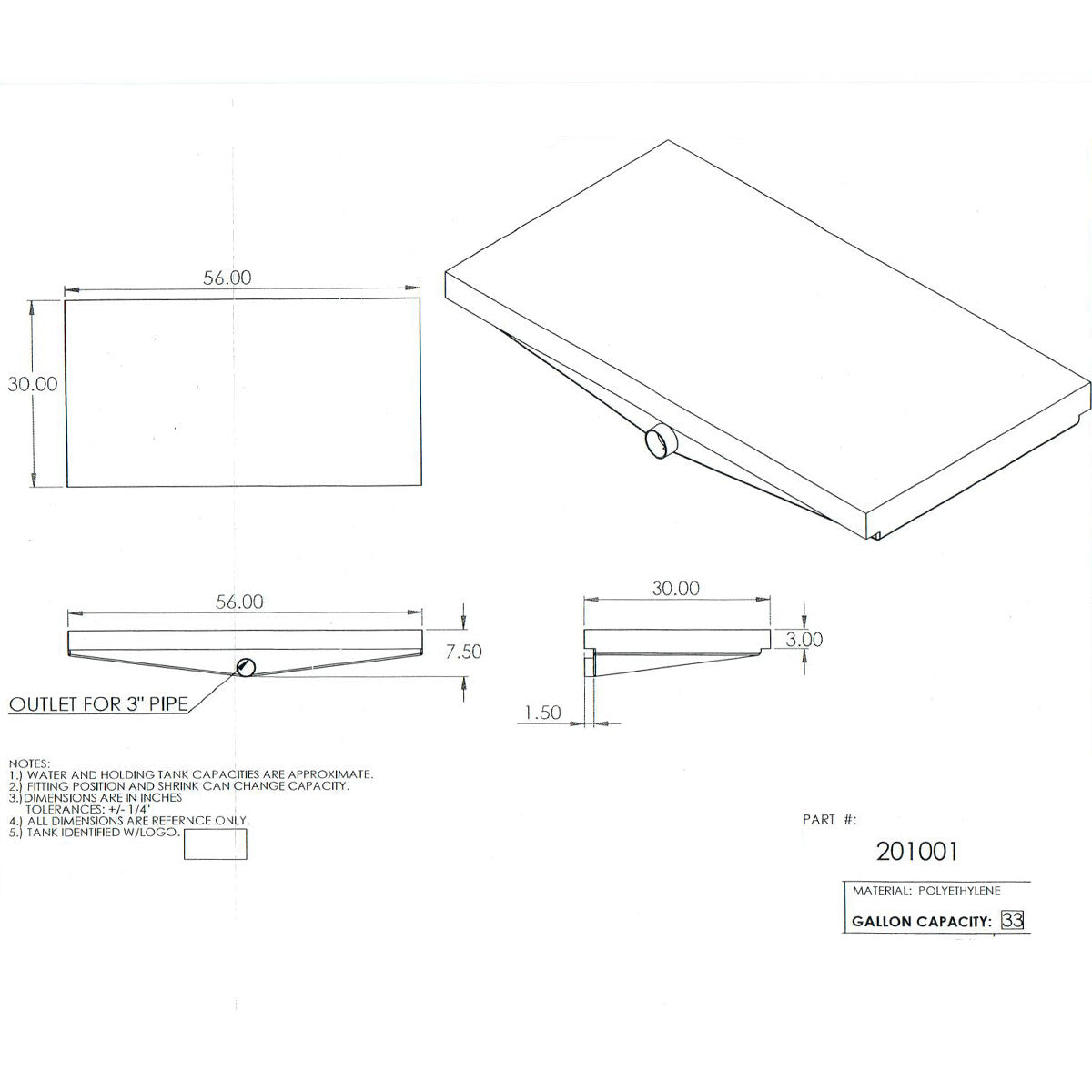 Alpha 34 Gallon 60" x 30" x 6" Black Water Tank VR30606H