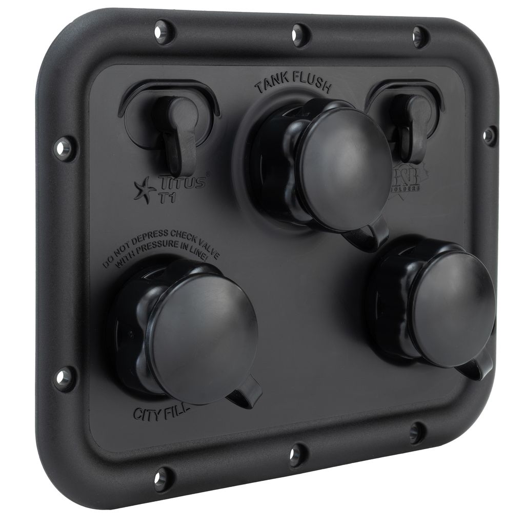 Titus T1 RV Multifunction City Water Fill Panel with Flush, Winterize, and Dual Coax  6 3/4" x 5"