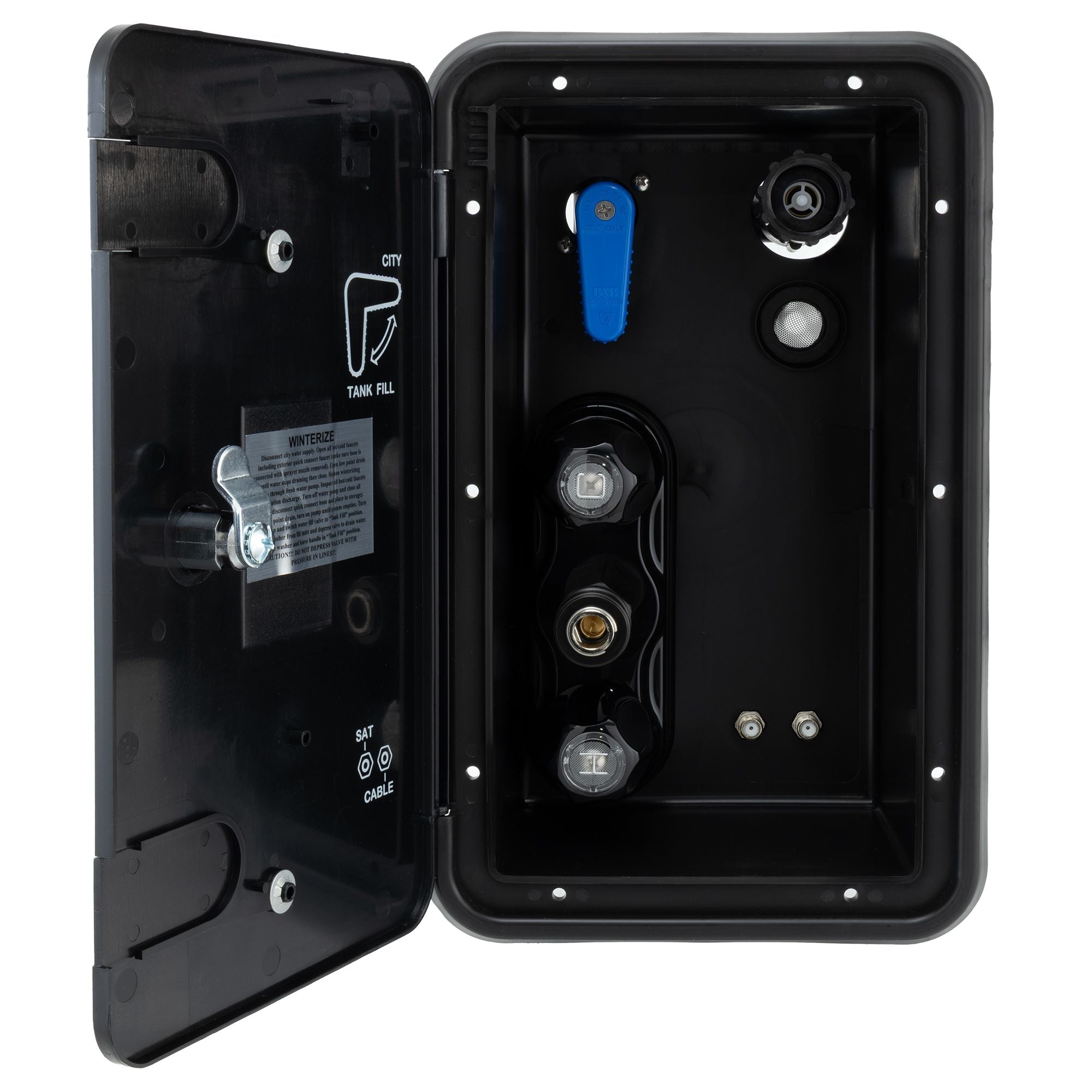 RV Plumbing Docking Station with Quick Connect Shower, City Water Fill, Gravity Fill, and Dual Coax
