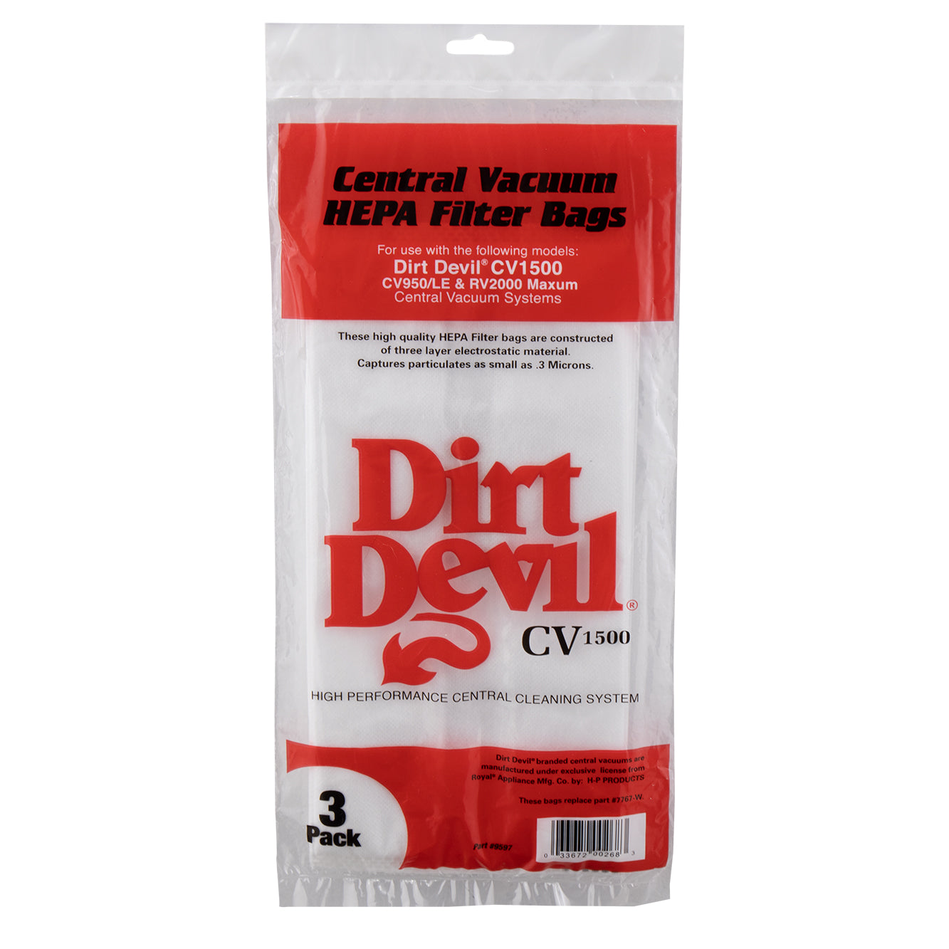 Dirt Devil RV Central Vacuum 3 Pack HEPA Vacuum Bags for CV1500