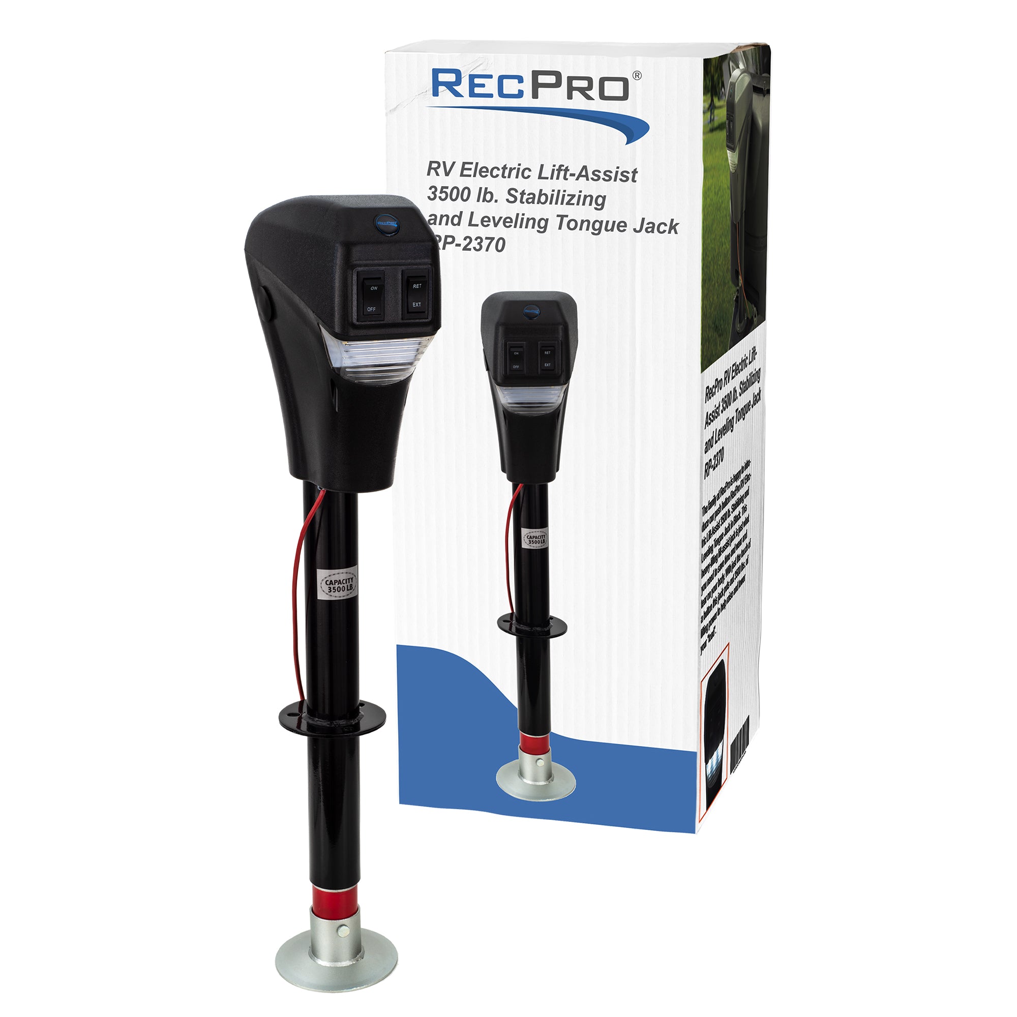RecPro RV Electric Lift-Assist 3500 lb. Stabilizing and Leveling Tongue Jack - Black