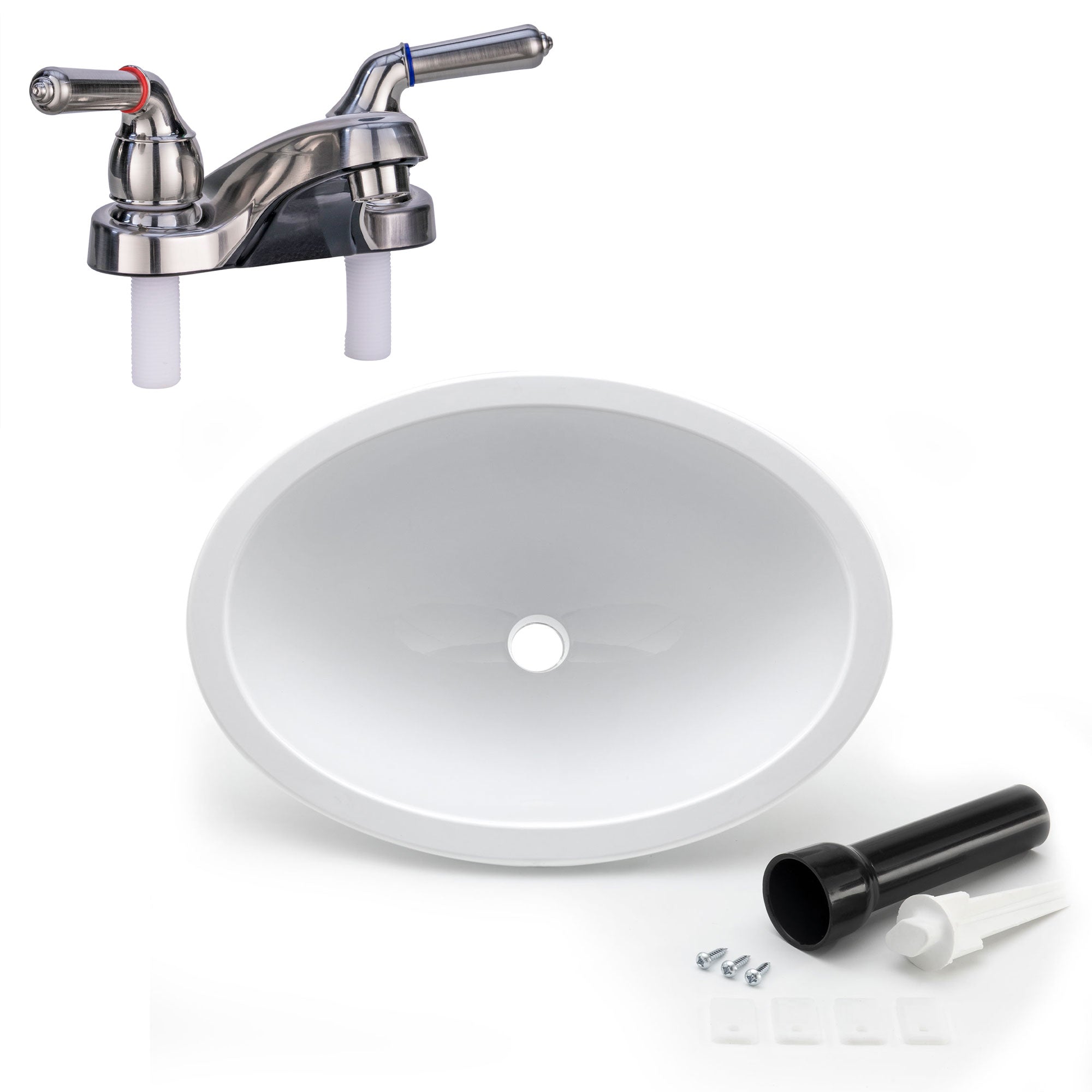 RV Oval White Sink 10" x 13" with Stopper and 4" Lavatory Faucet