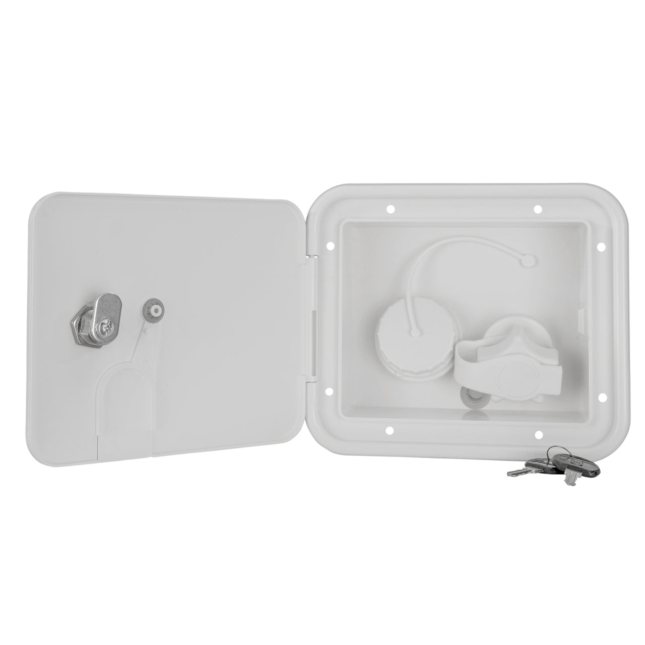 RV Gravity-fed city water hook-up inlet with locking hatch door